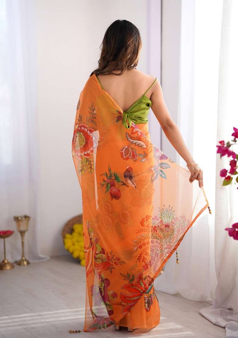 Orange Printed Organza Silk Saree Set - Indya
