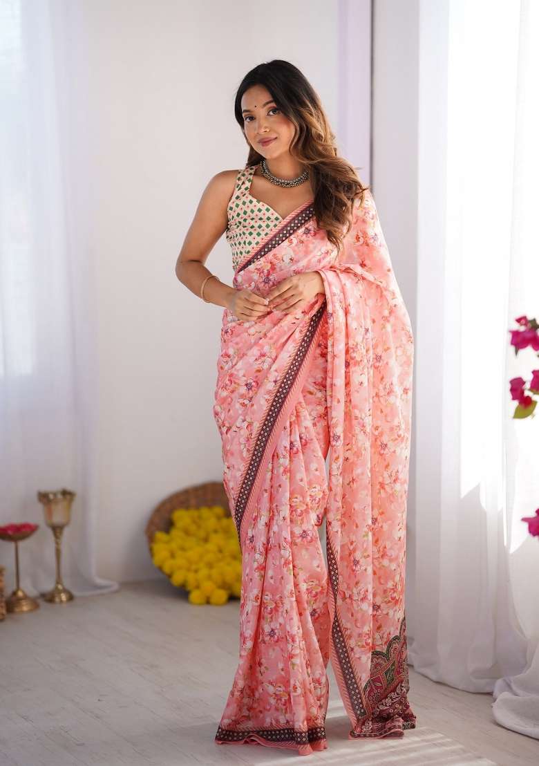 Pink Printed Chinnon Silk Saree Set - Indya