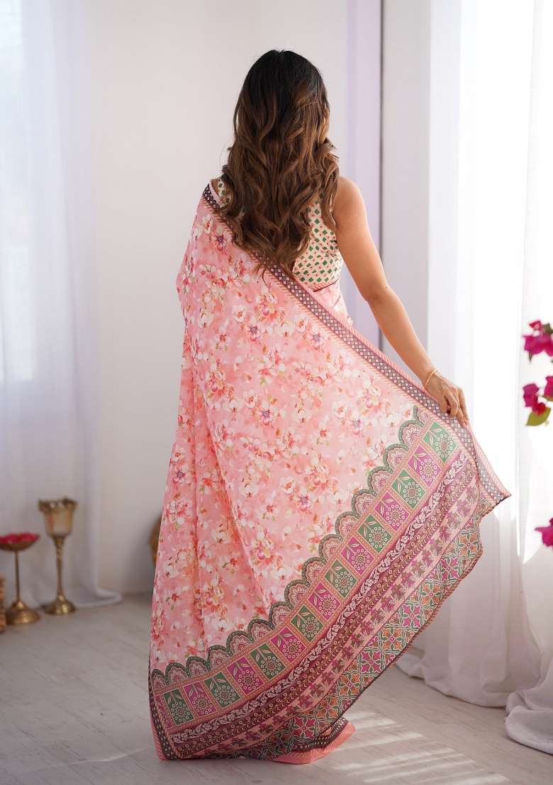 Pink Printed Chinnon Silk Saree Set - Indya