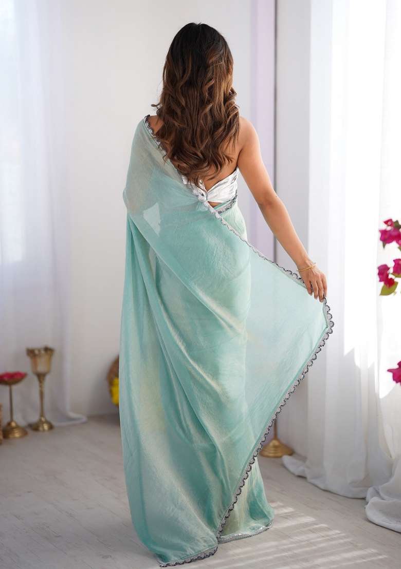 Sky Blue Lace Border Burbbery Organza Silk Saree Set - Indya
