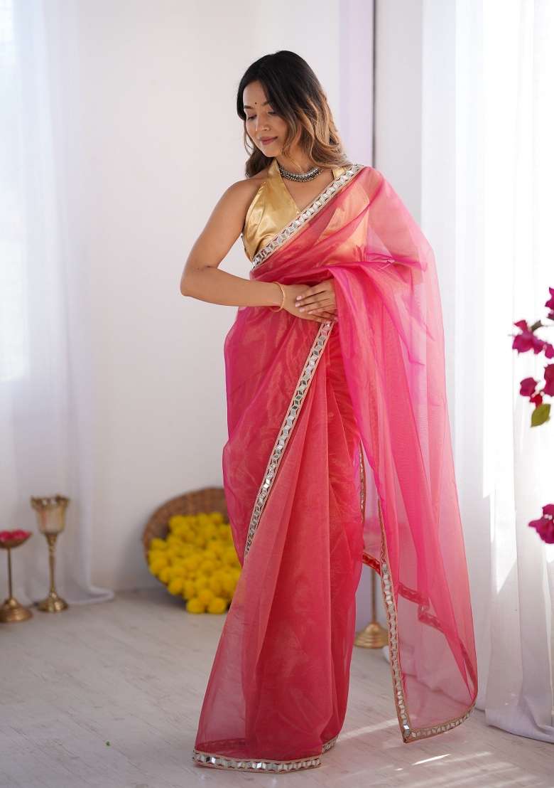 Pink Lace Border Twill Net Saree Set - Indya