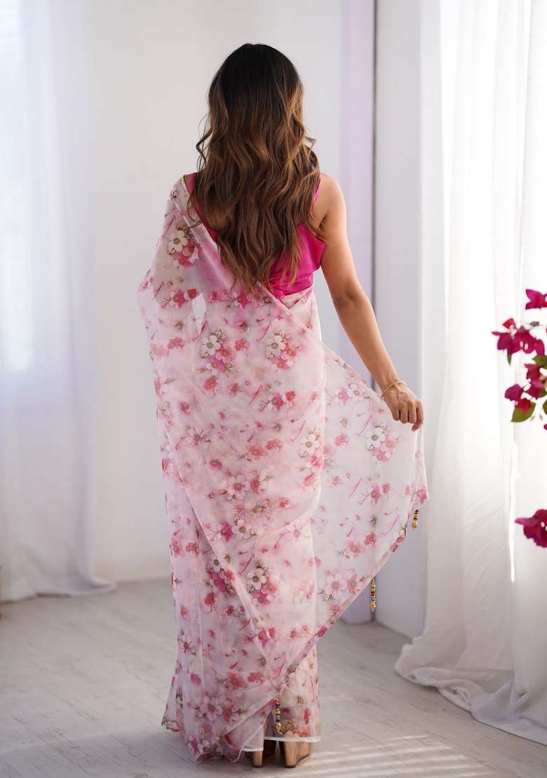 Off White Printed Organza Silk Saree Set - Indya