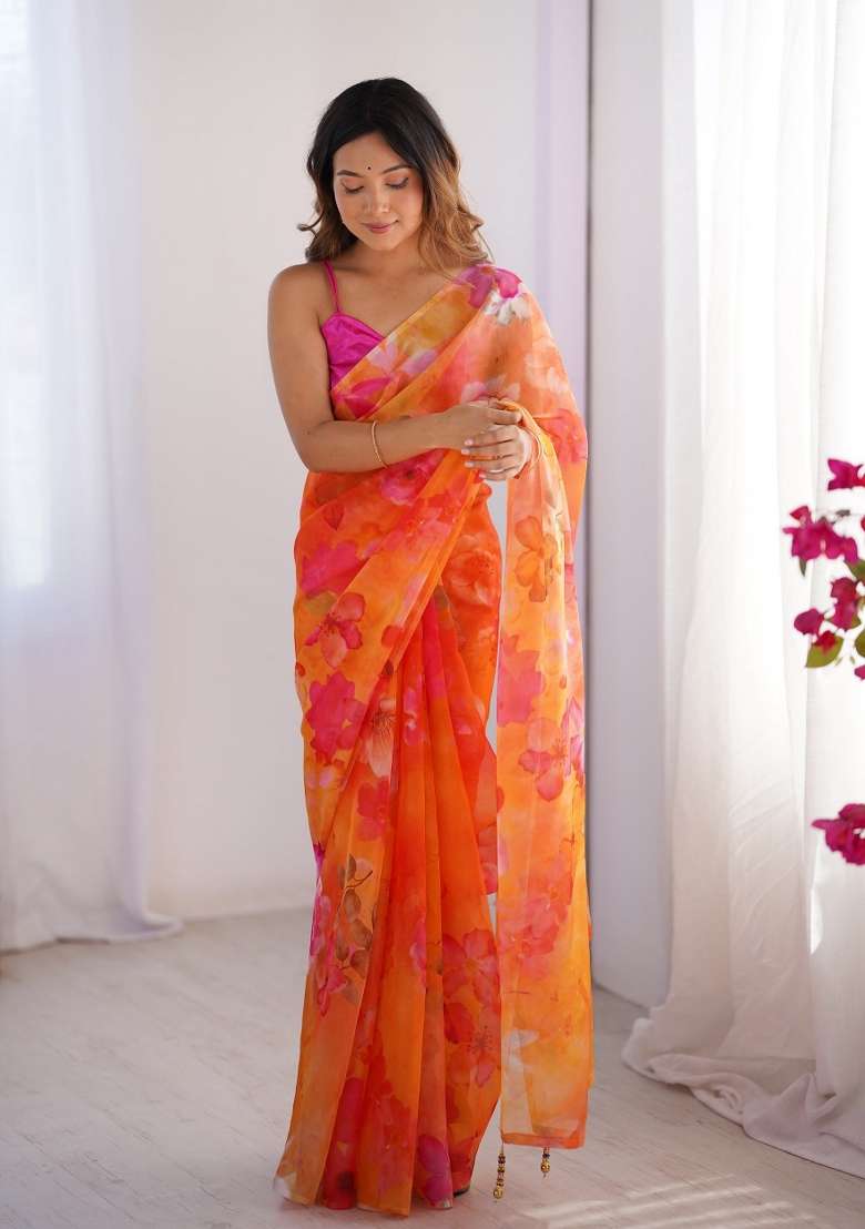 Orange Printed Organza Silk Saree Set - Indya