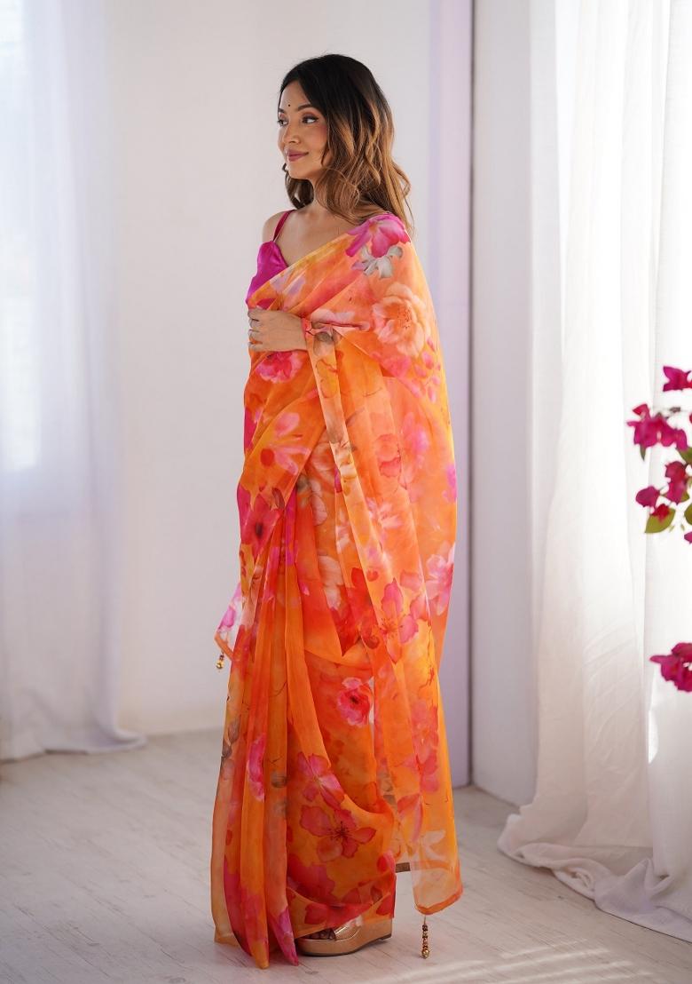 Orange Printed Organza Silk Saree Set
