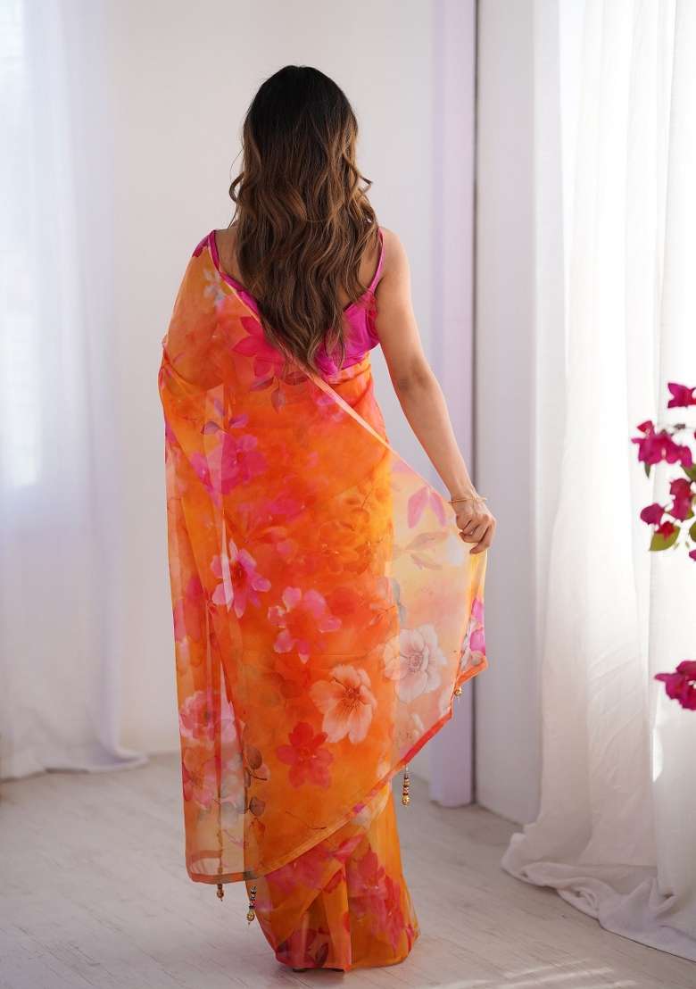 Orange Printed Organza Silk Saree Set - Indya