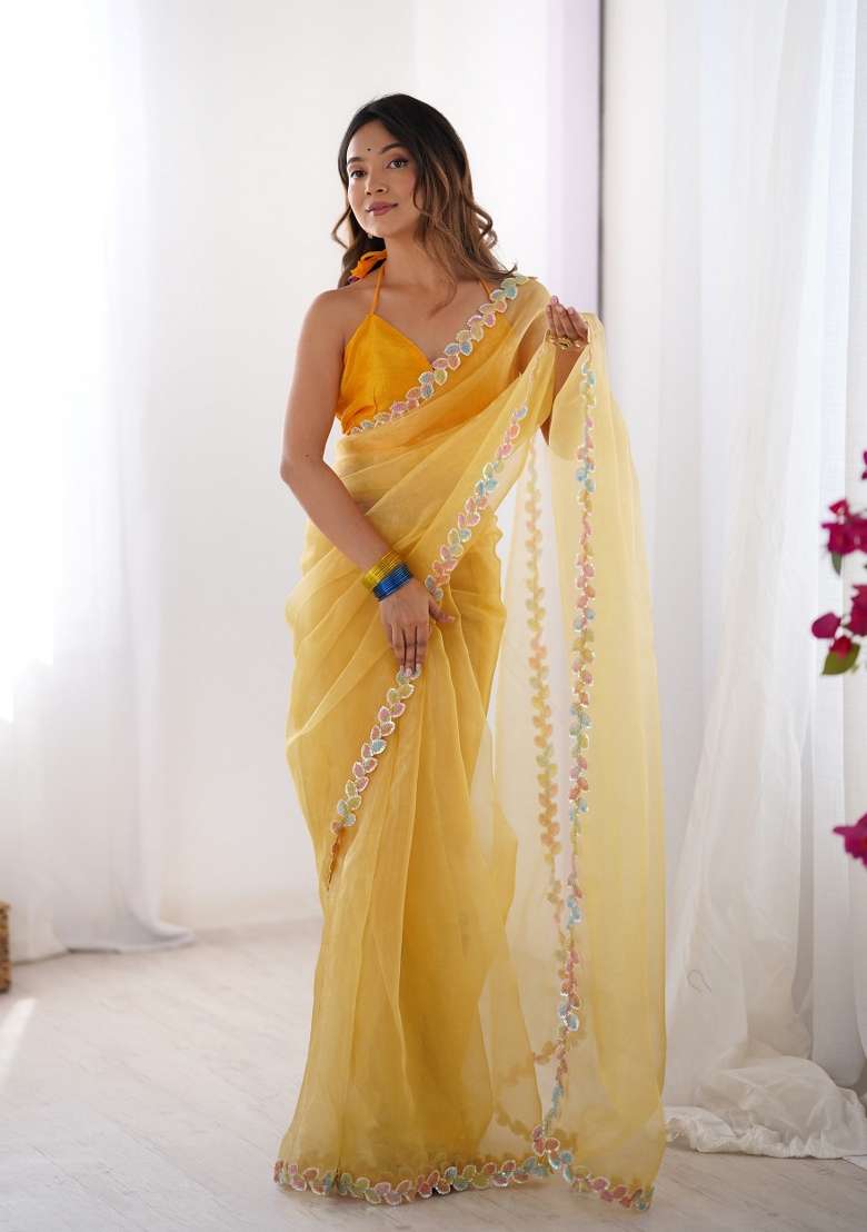 Yellow Sequence Jimmy Choo Silk Saree Set - Indya