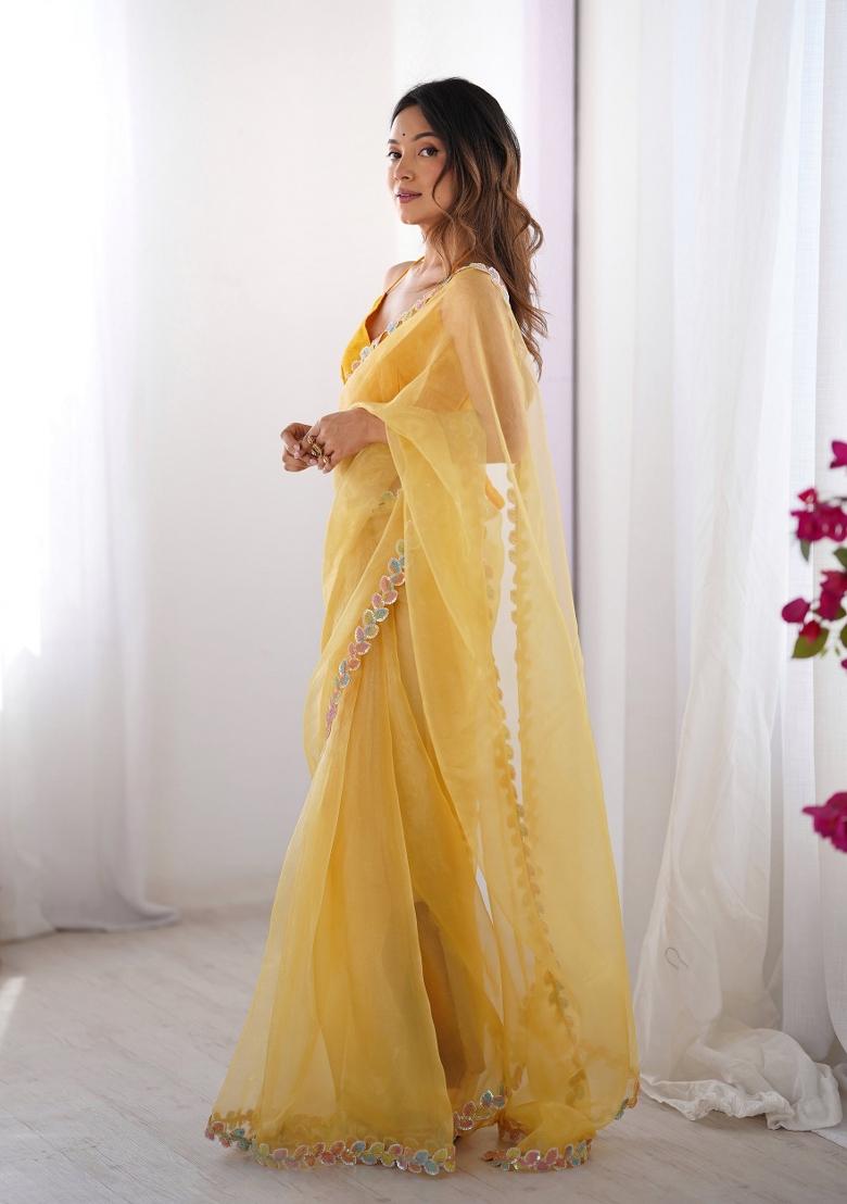Yellow Sequence Jimmy Choo Silk Saree Set