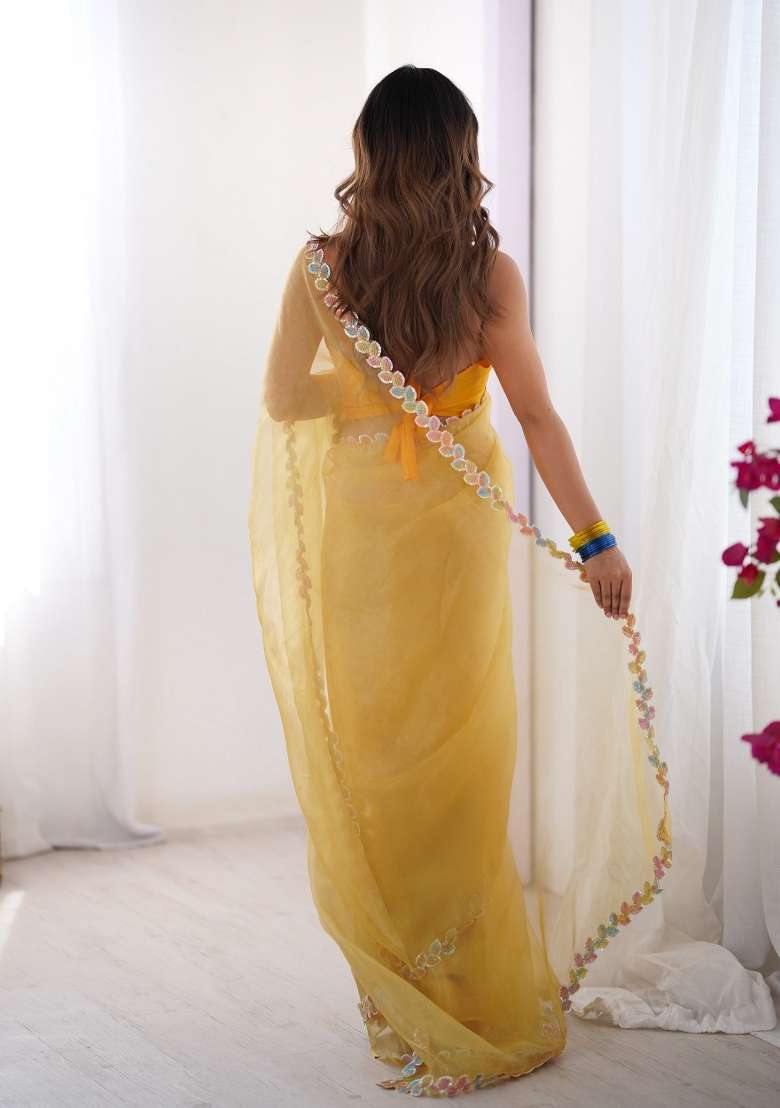 Yellow Sequence Jimmy Choo Silk Saree Set - Indya