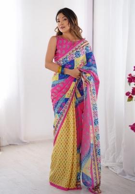 Multi Colour Printed Chinnon Silk Saree Set