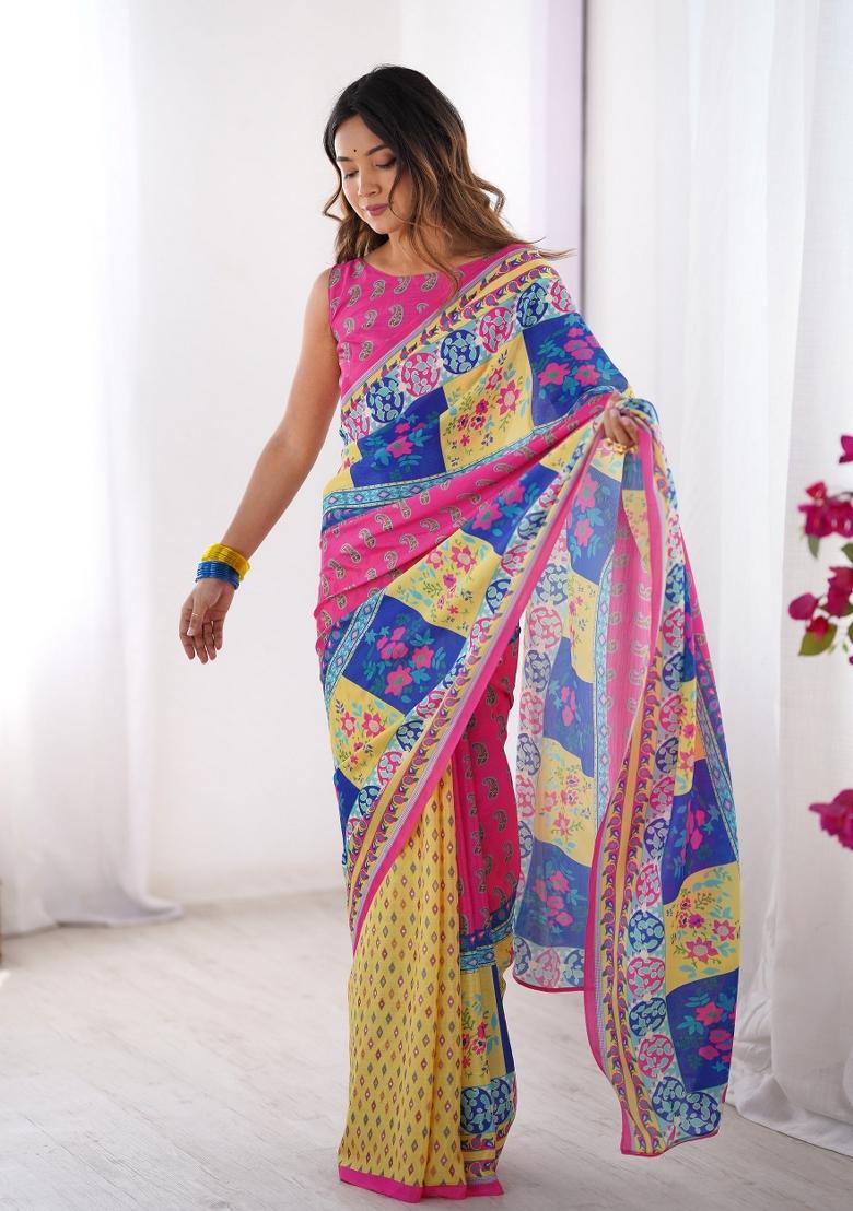 Multi Colour Printed Chinnon Silk Saree Set