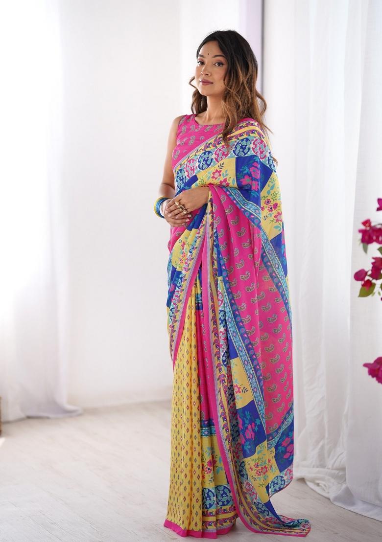Multi Colour Printed Chinnon Silk Saree Set