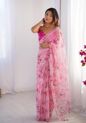 Pink Printed Organza Silk Saree Set
