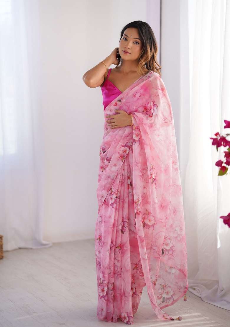 Pink Printed Organza Silk Saree Set - Indya