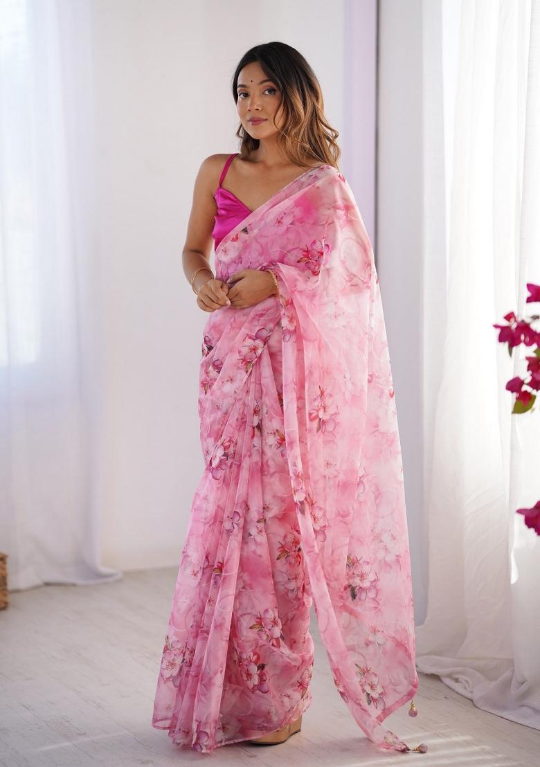 Pink Printed Organza Silk Saree Set