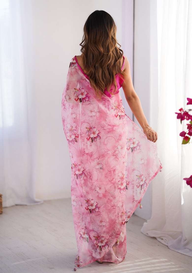 Pink Printed Organza Silk Saree Set - Indya