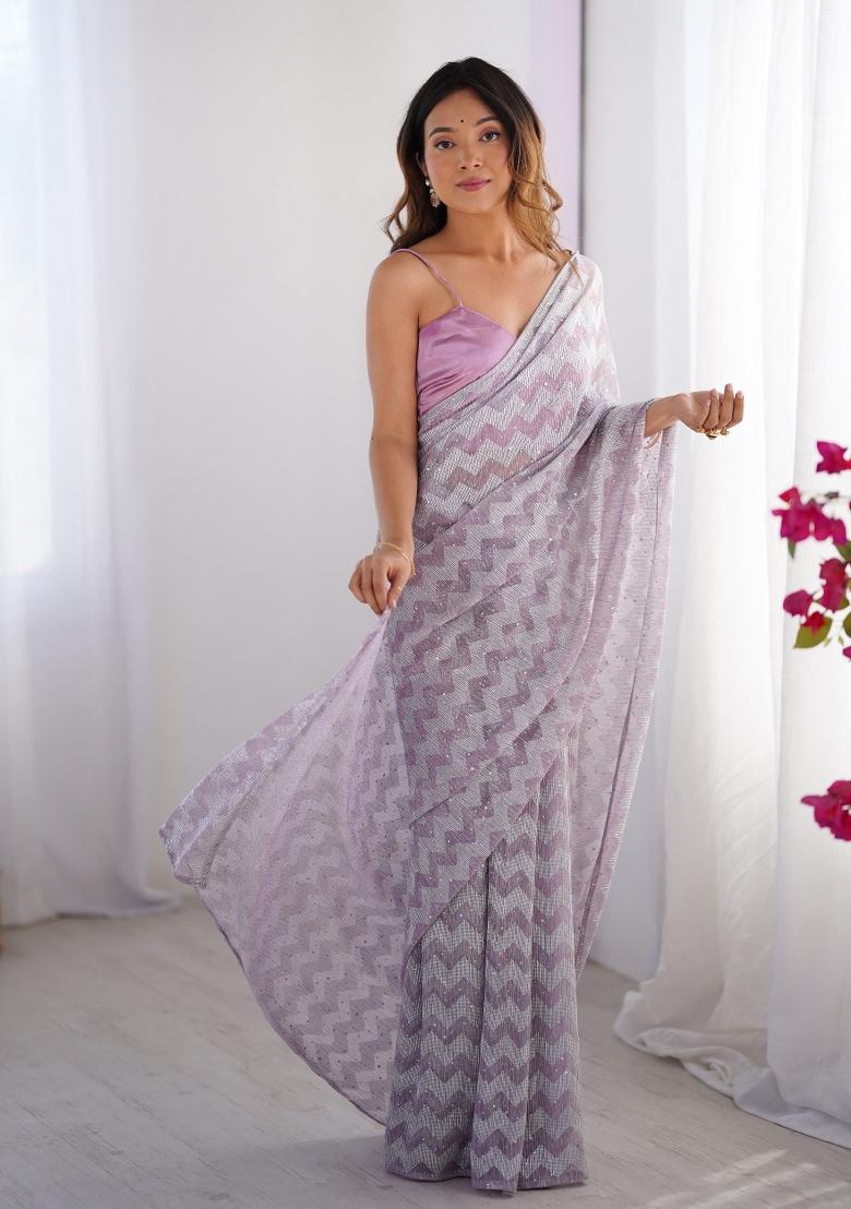 Off White And Lavender Zig Zag Pattern Knitted Fabric Saree Set