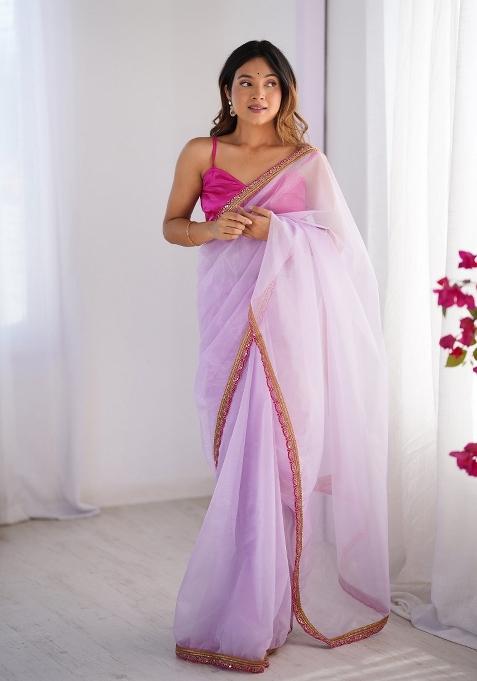 Lavender Lace Border Twill Net Saree Set