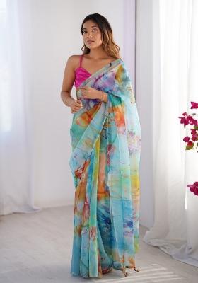 Sky Blue Printed Organza Silk Saree Set