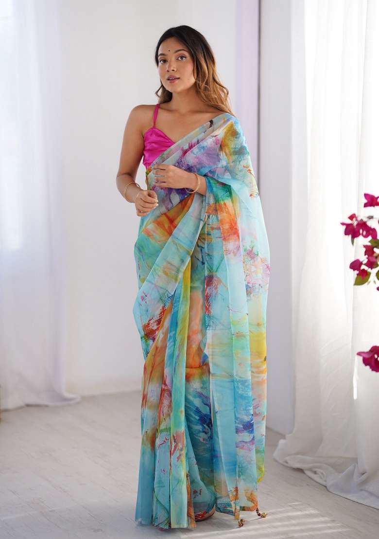 Sky Blue Printed Organza Silk Saree Set - Indya