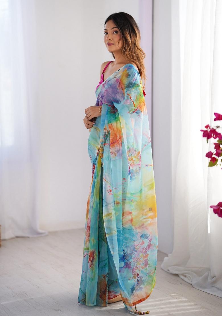 Sky Blue Printed Organza Silk Saree Set