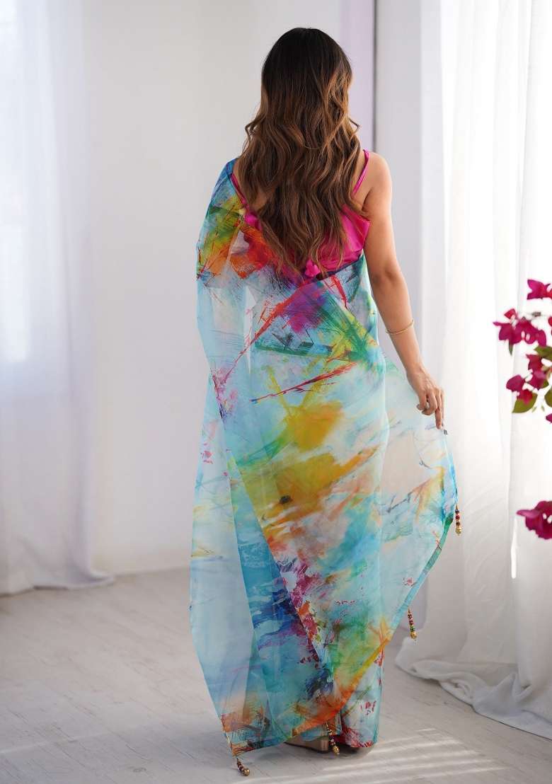 Sky Blue Printed Organza Silk Saree Set - Indya