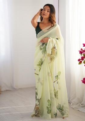 Mint Green Printed Organza Silk Saree Set