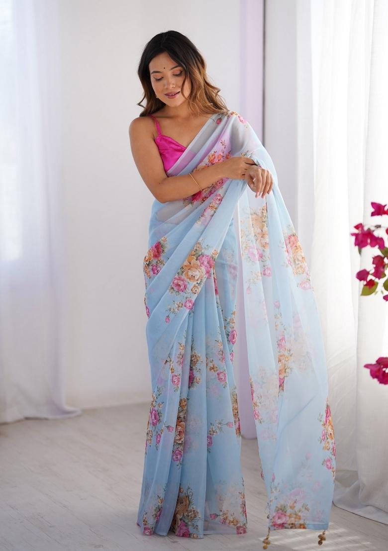 Sky Blue Printed Organza Silk Saree Set