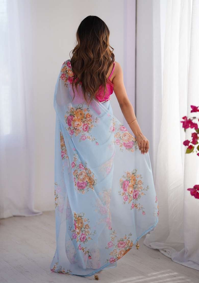 Sky Blue Printed Organza Silk Saree Set - Indya
