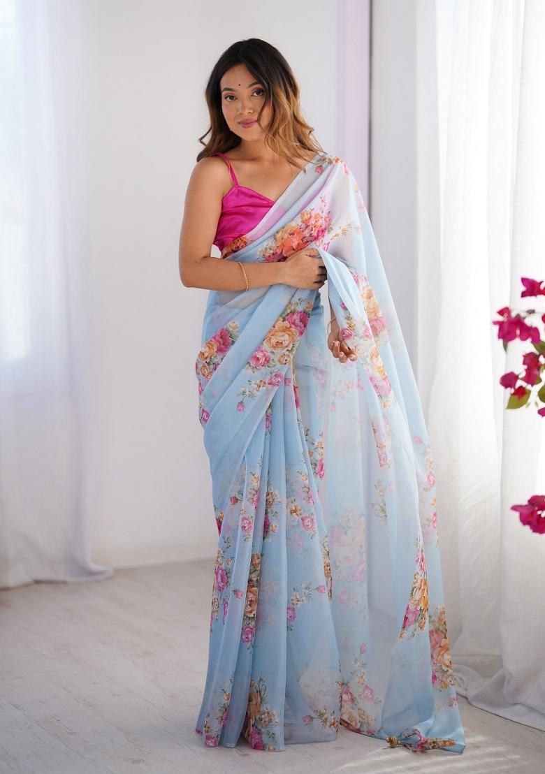 Sky Blue Printed Organza Silk Saree Set