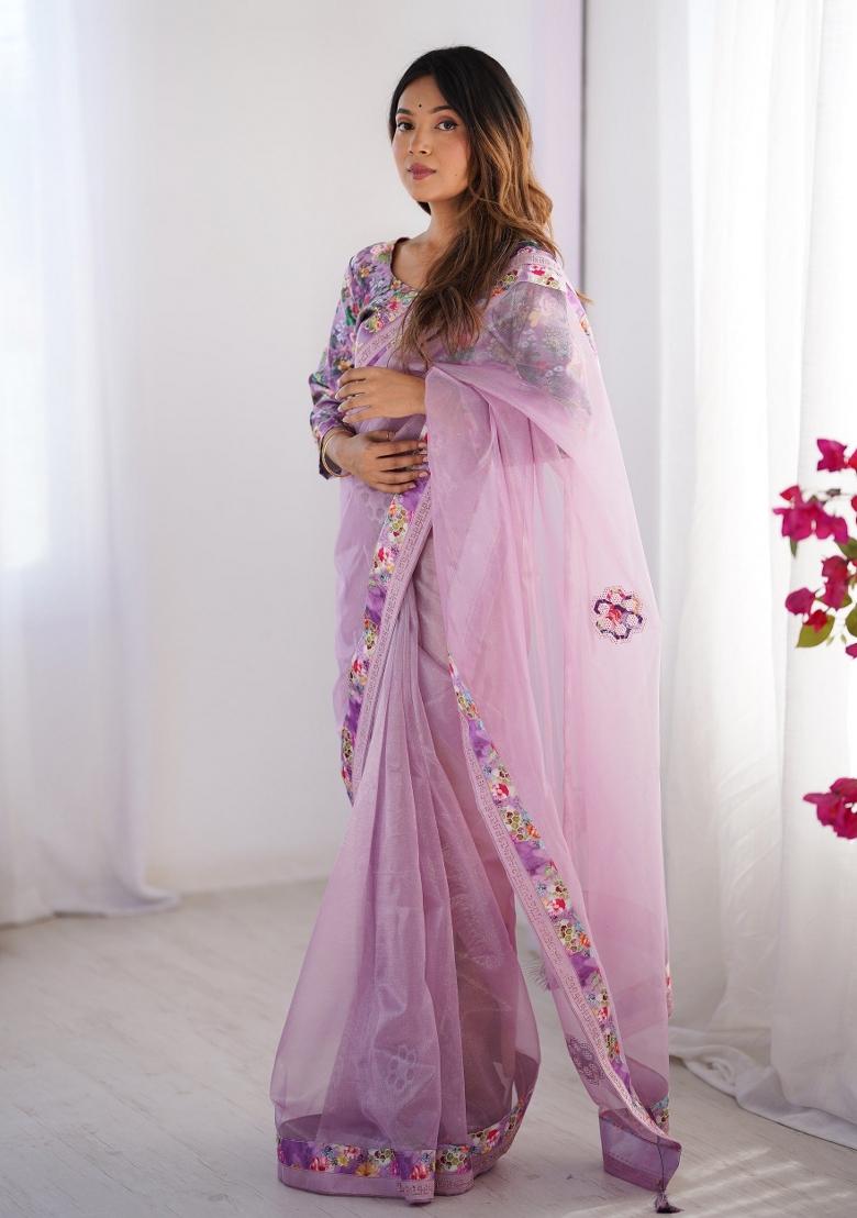 Lavender Lace Border Twill Net Saree Set