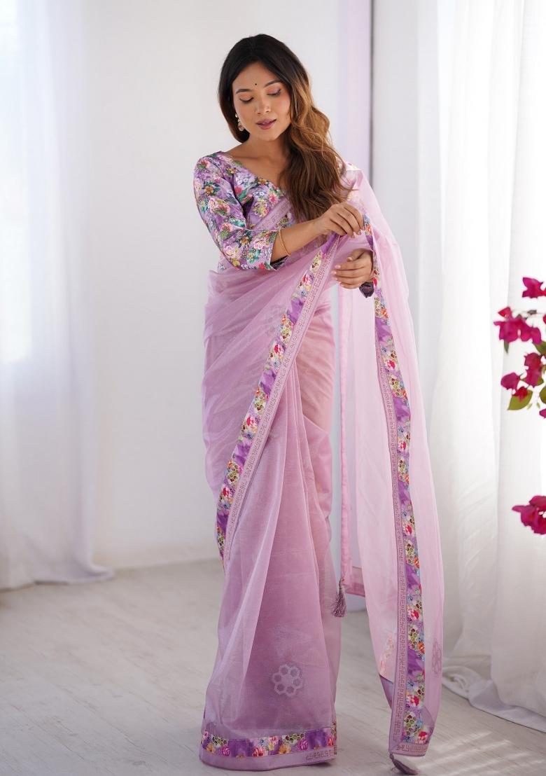 Lavender Lace Border Twill Net Saree Set