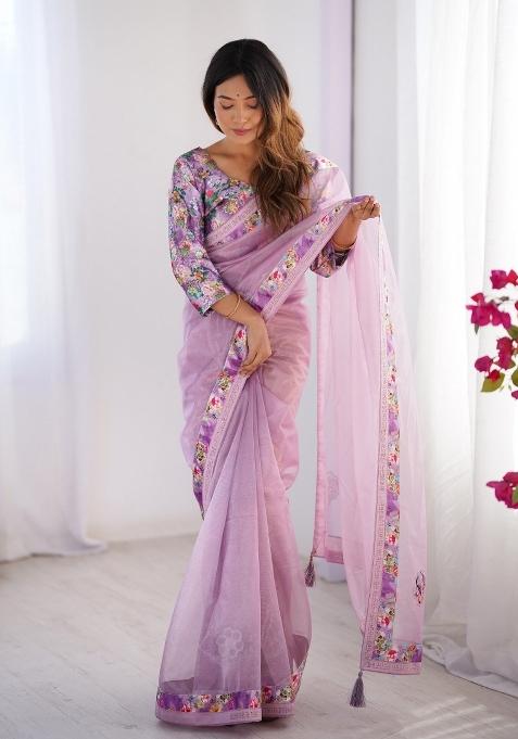 Lavender Lace Border Twill Net Saree Set