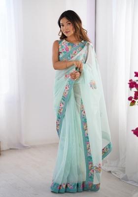 Sky Blue Lace Border Twill Net Saree Set