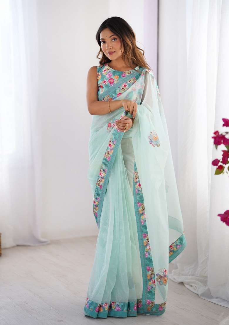 Sky Blue Lace Border Twill Net Saree Set - Indya