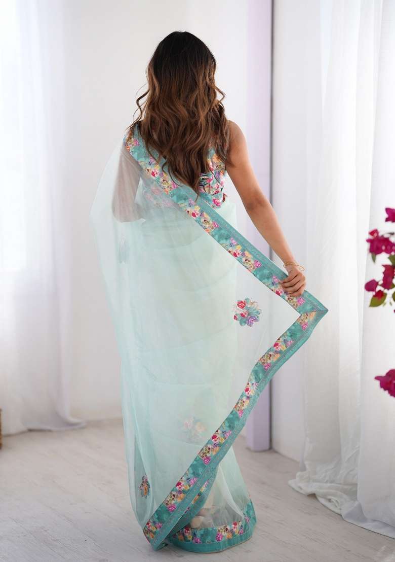Sky Blue Lace Border Twill Net Saree Set - Indya