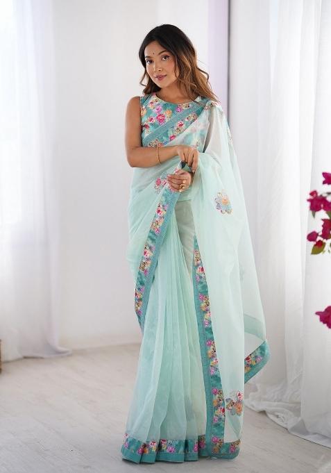 Sky Blue Lace Border Twill Net Saree Set