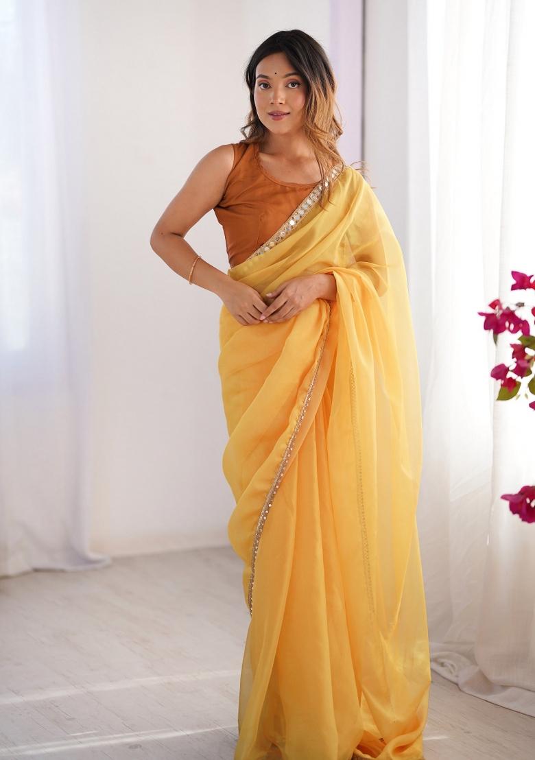 Yellow Lace Border Organza Silk Saree Set