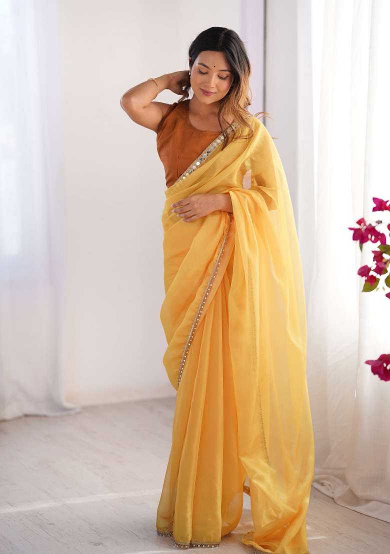 Yellow Lace Border Organza Silk Saree Set - Indya