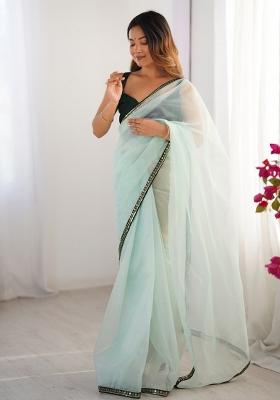 Sky Blue Lace Border Twill Net Saree Set