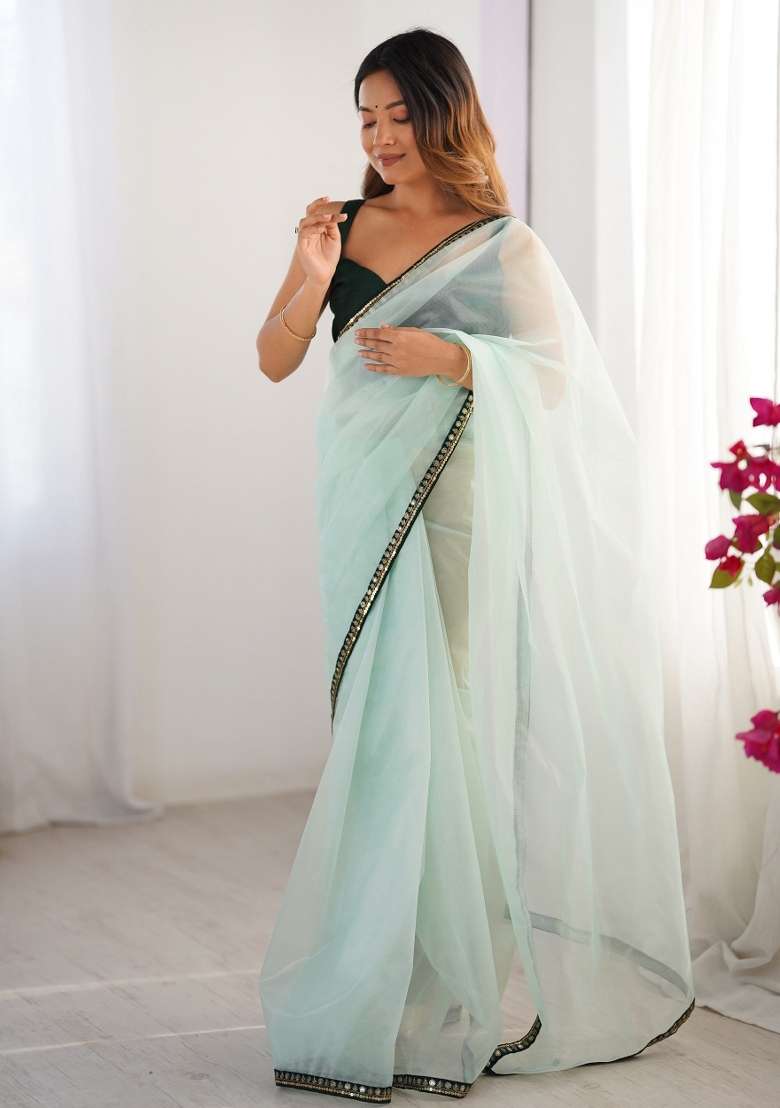 Sky Blue Lace Border Twill Net Saree Set - Indya