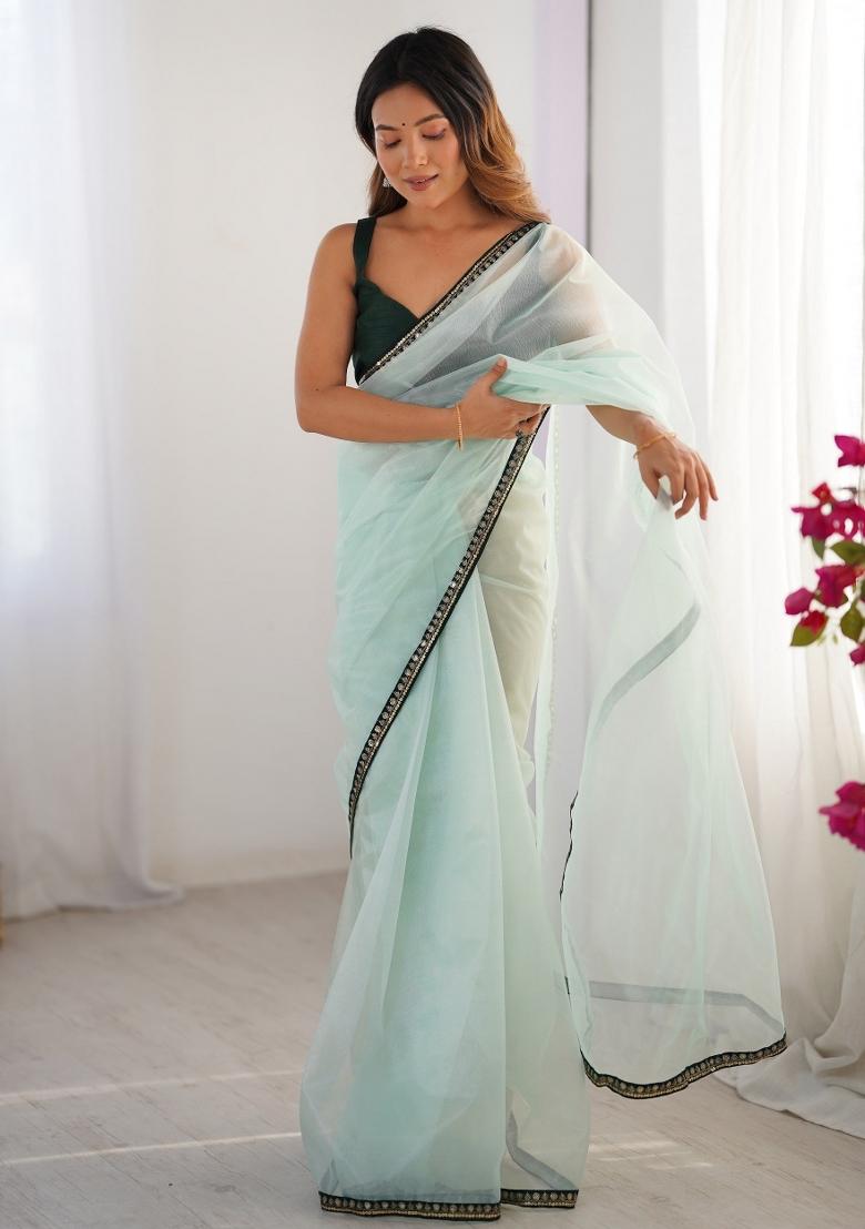 Sky Blue Lace Border Twill Net Saree Set