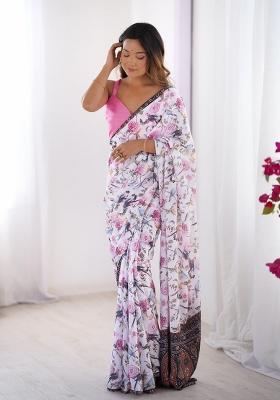 Off White Printed Chinnon Silk Saree Set