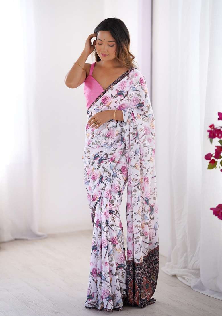 Off White Printed Chinnon Silk Saree Set - Indya