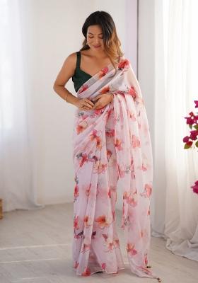 Off White Printed Organza Silk Saree Set