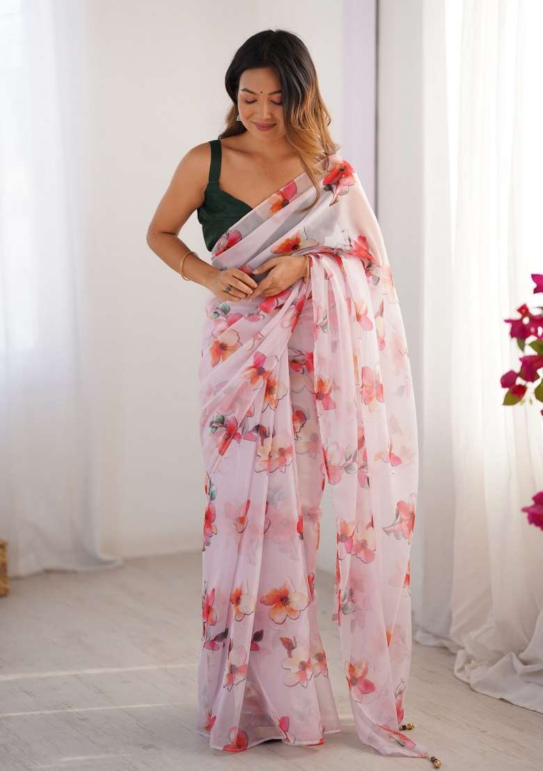 Off White Printed Organza Silk Saree Set - Indya