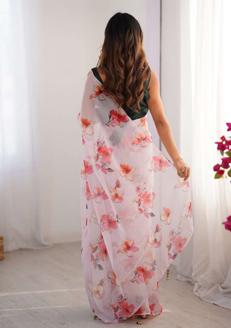 Off White Printed Organza Silk Saree Set - Indya