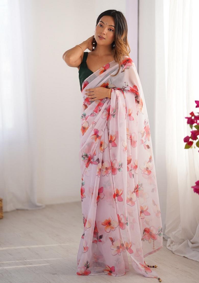 Off White Printed Organza Silk Saree Set