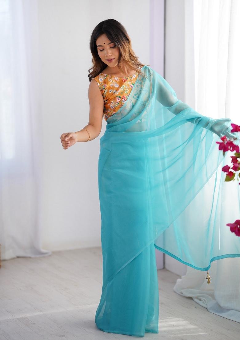Sky Blue Latkan Burbbery Organza Silk Saree Set