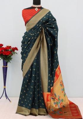 Dark Green Weaving Work Pure Silk Saree Set