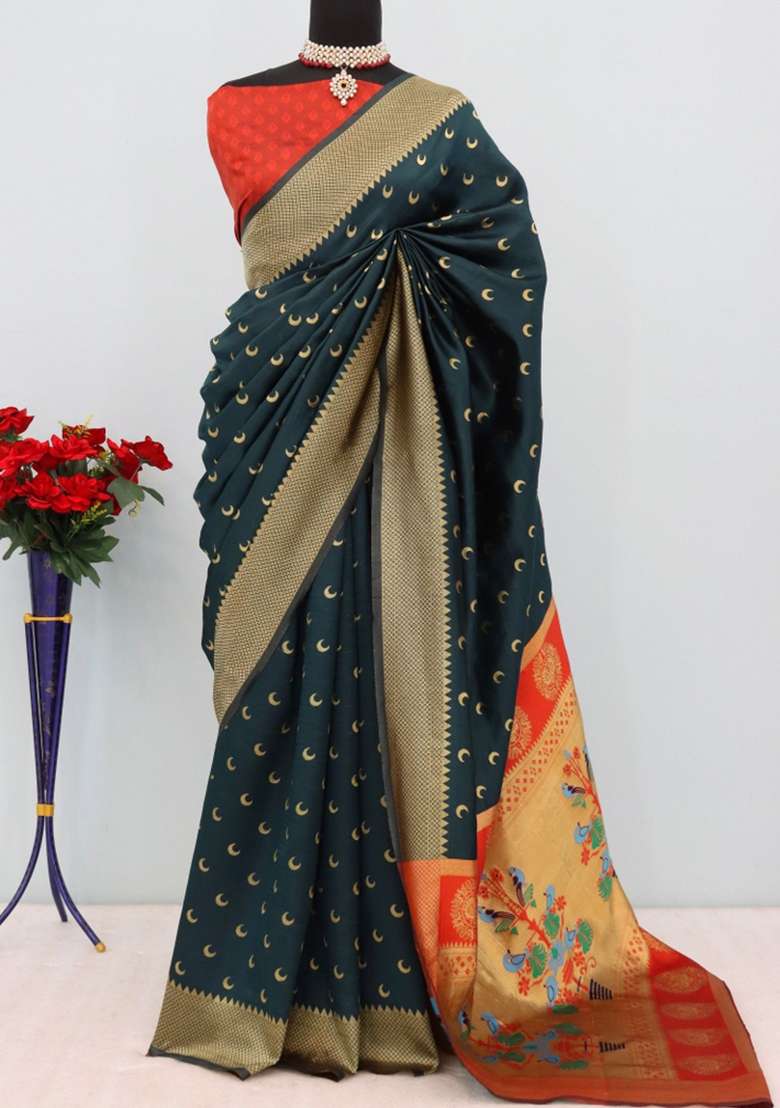 Dark Green Weaving Work Pure Silk Saree Set - Indya